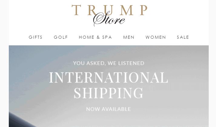 By happy coincidence, I’m running this story on the day I received a helpful email from the Trump Store, advising that international shipping is now available (including to Scotland!) on its products. Vast swaths of Europe can finally buy red gingham Trump-branded dog leashes.