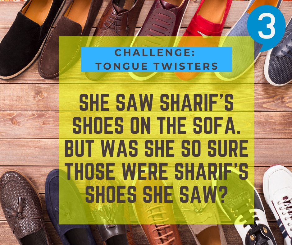 Studio3Alicante's tweet photo. Desafíate a ti mismo con este trabalenguas "She saw Sharif´s shoew on the sofa. But was she so sure those were Sharif´s shoes she saw?" #tonguetwister #alicante #learnenglish #shoes https://t.co/VJij7oZoi9