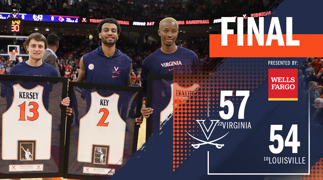 UVAMensHoops's tweet photo. FINAL: No. 22 Virginia wins 57-54 over No. 10 Louisville on Senior Day! 🔶⚔️🔷 #GoHoos https://t.co/q9foAZB4uy