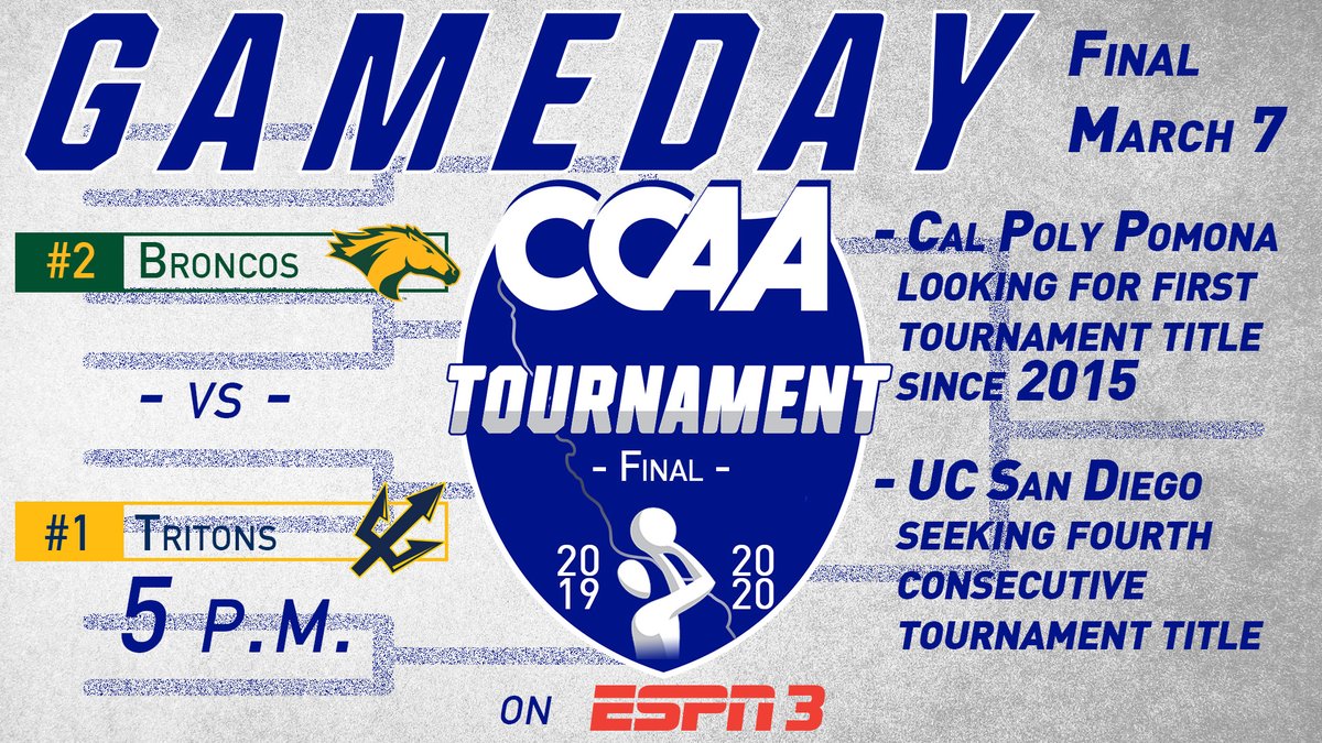 goccaa's tweet photo. It's #CCAAmbb #postCCAAson GAMEDAY! A champion will be crowned tonight, and for the third-straight season the final matchup is the same. Will it be No. 1 seed @UCSDtritons or No. 2 @cppbroncos? Watch at 5 p.m. on ESPN3!

📺 https://t.co/MdIwm80k4H
📊https://t.co/rogqvZsm6i https://t.co/10pdjqXjr2