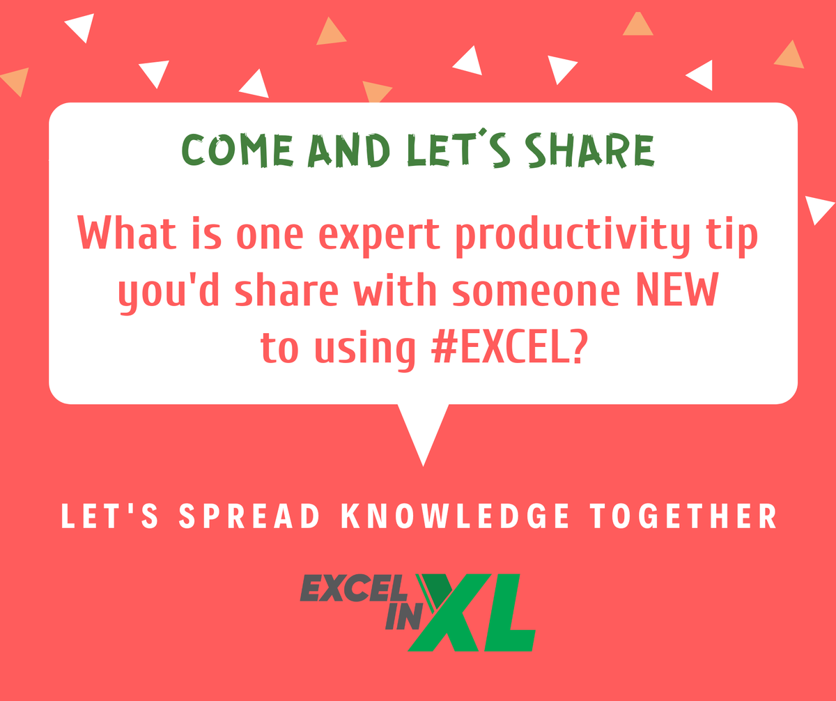 Come Let's Share..

What is one Expert #Productivity #Tip you'd share with someone new to using #Excel??

#msexcel #exceltips #exceltraining #excelinexcel #analytics #dataanalytics <a href="/msexcel/">Microsoft Excel</a> <a href="/excelinexcel/">excel in Excel</a> <a href="/LeilaGharani/">Leila Gharani</a> <a href="/r1c1/">Chandoo.org</a> <a href="/TrumpExcel/">Sumit Bansal 📊📈</a> <a href="/myexcelonline/">MyExcelOnline.com</a>