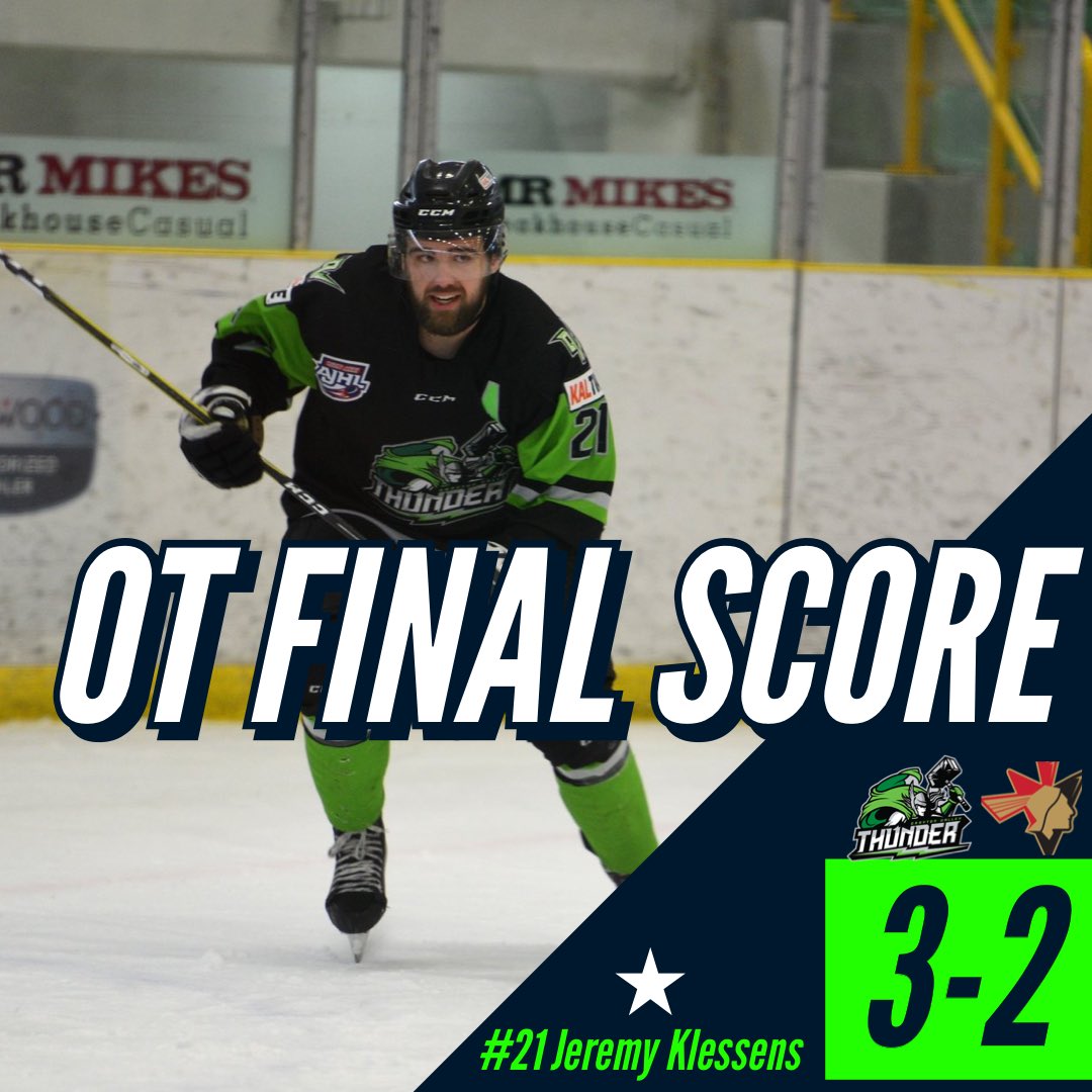 DVThunder's tweet photo. Thunder win tonight in Overtime tonight against the @BPontiacs 
3-2, Colson Gengenbach picking up the game winning goal. 
Jeremy Klessens was awarded tonight’s game star. 
Game 6 is back in DV Monday, March 9th at 7:00pm. 
#Thunderrolls https://t.co/64Eci03wQ7