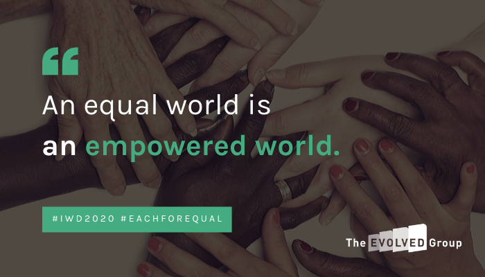 EvolvedThinking's tweet photo. We’re proud to support #EachForEqual at The Evolved Group, with equal representation of women on our leadership team and zero pay variance between roles based on gender. #IWD2020 #evolvedthinking https://t.co/DEWT0xtGdS