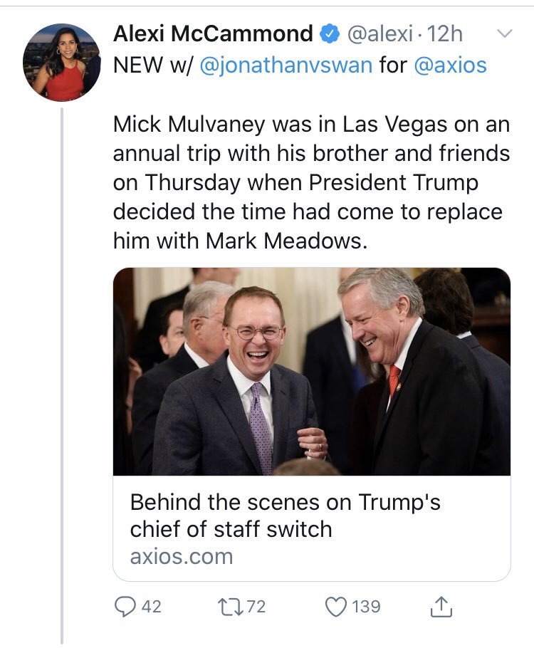 67/ Friday night 8:08, Trump tweeted that he is firing Mulvaney. Later Fri and today, Habermam & Swan share the "back" story which says Trump was busy with this Thursday. How did neither of those two, who pretend to know the play by play from the Oval, pre-tweet this news Fri?