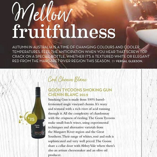 GoonTycoons's tweet photo. Mellow Fruitfulness
Check out the new review of our 2019 ‘Smoking Gun’ Chenin by @Greatwineblog featured in Your Margaret River Region Magazine Autumn 2020 Edition. “It’s waxy and textural with a rich river of acid running through it. All the complexity … https://t.co/rJ4XbyWGFR https://t.co/nTSlv0XYkz
