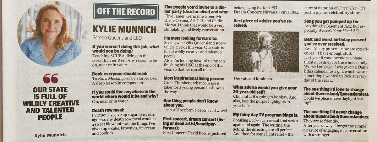 Screen_QLD's tweet photo. 🙌🏽 to our CEO Kylie Munnich, get to know her this #internationalWomensDay by reading her Off the Record in Saturday’s Courier Mail #screenqld https://t.co/MIo66Nso3g