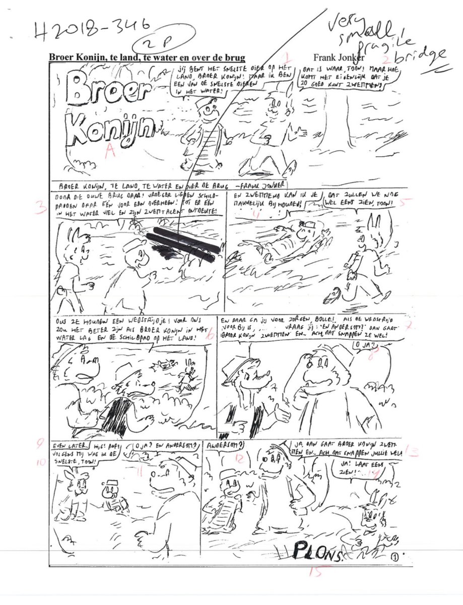 Here's a #StartToFinish on a Disney comic page. Script by Frank Jonker, who always makes very detailed drawings! Rough layout by me on the ipad, and then the inks on paper with a brush and ink. And finally the result in the magazine, colored and lettered by someone else.