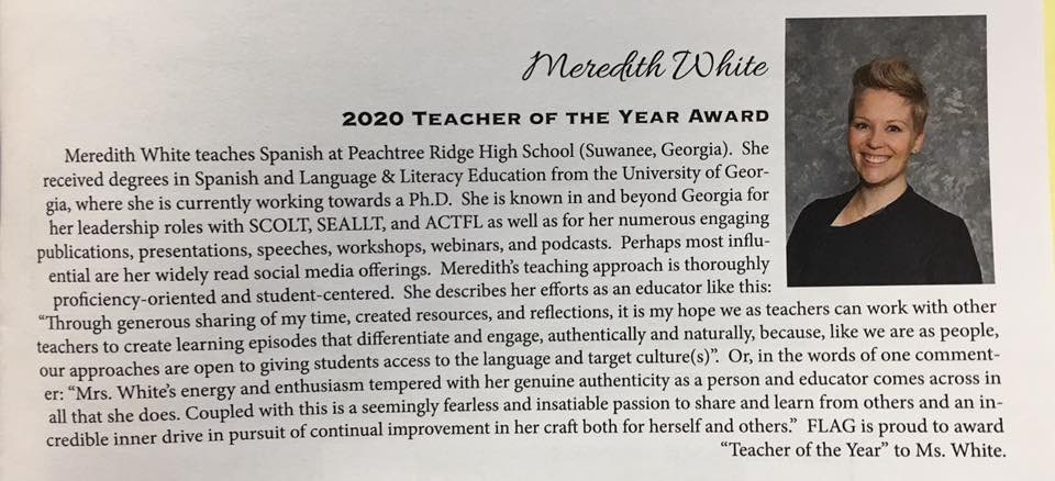 gadoeworldlang's tweet photo. #FLAG20 #FLAG2020 Congrats to Ga’s own Mrs. Meredith White, FLAG TOTY for 2020!!!  We are super proud of Meredith and all our WL educators. #YouRock #TeacherLove @PRHSspanish @actfl @_SCOLT_ @JNCLInfo @FLAGeorgia https://t.co/FM1QT4KhVZ