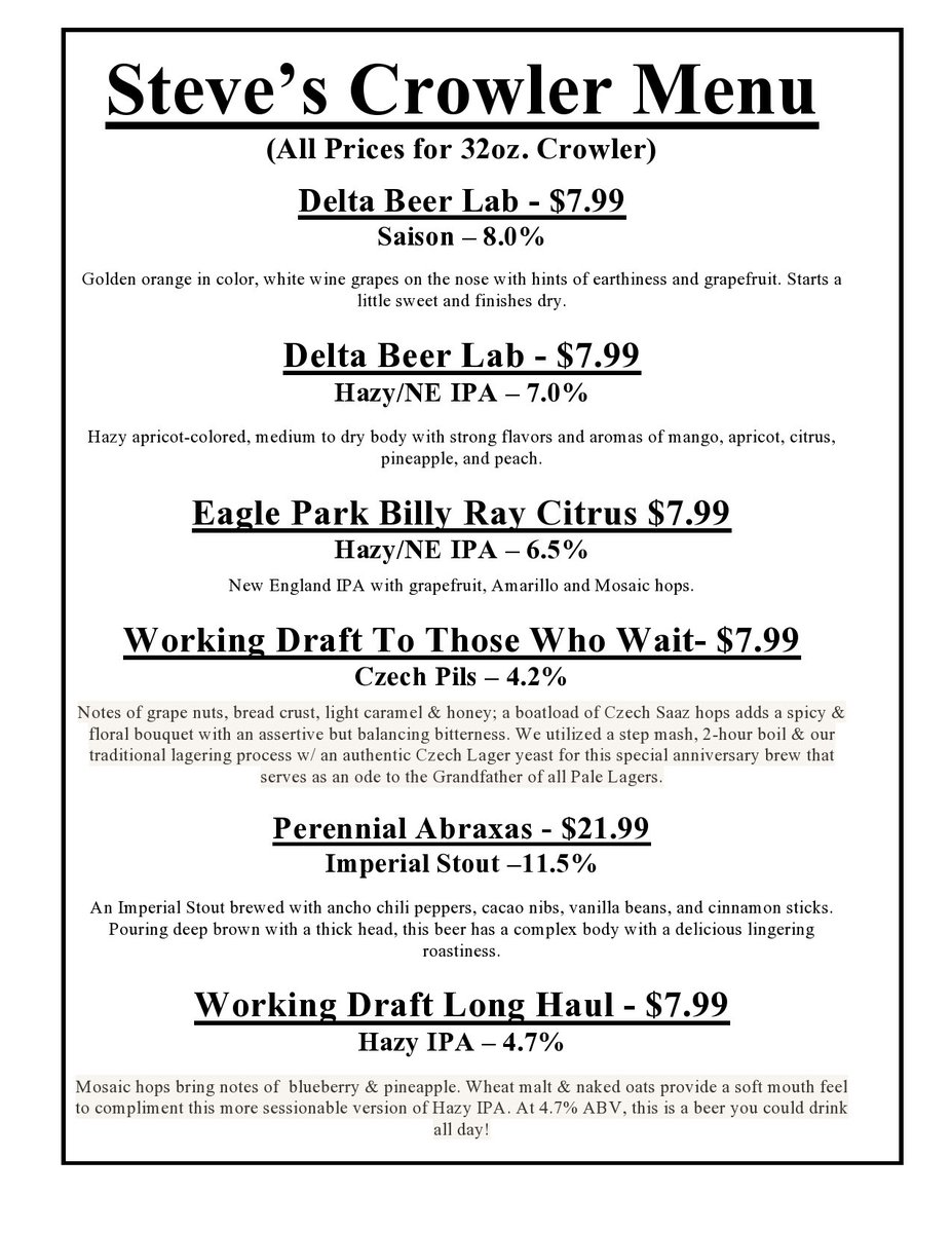 StevesUniv's tweet photo. New #crowler list just to keep you up to date. #stopintoday and grab a few! @delta.beer @workingdraftbeer @perennialbeer @eagleparkbrewing #beer #enjoytheweekend #shopsteves https://t.co/dbfrHDx1MJ
