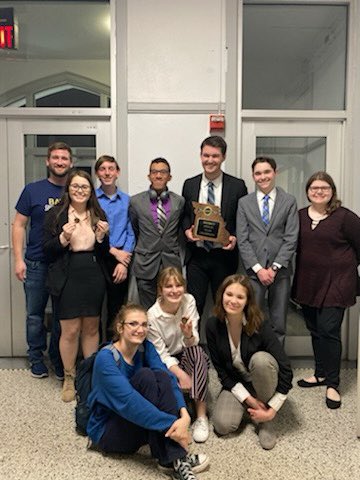Congrats to all our district competitors.Makayla voris took 6th in Dramatic interp, Marissa Moore took 4th in Us extemp, Asher Ferguson took 5th in int’l extemp, Nick Sheaffer took 3rd in radio, James Loudenslager took 2nd in humorous interp (state qualifier)
