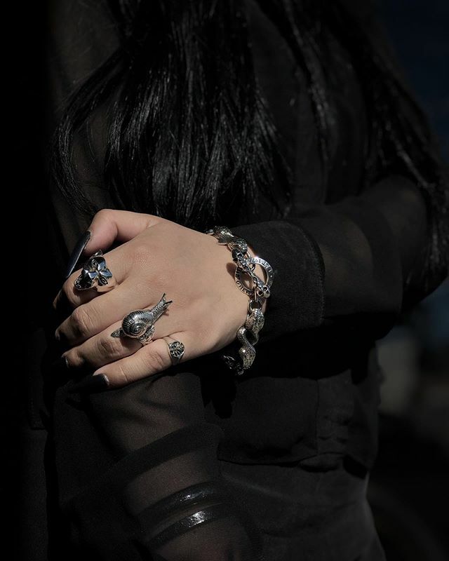 The TGF Snake Head Bracelet, @strangefruitlondon Panther Ring, Snail Ring, and the Sammi x TGF Rose Signet Ring. 
#thegreatfrog 
#thegreatfrogla
