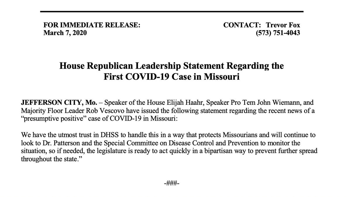 Leadership statement regarding the first COVID-19 case in Missouri #moleg @elijahhaahr @RobVescovo @JohnDWiemann @JPattersonMD