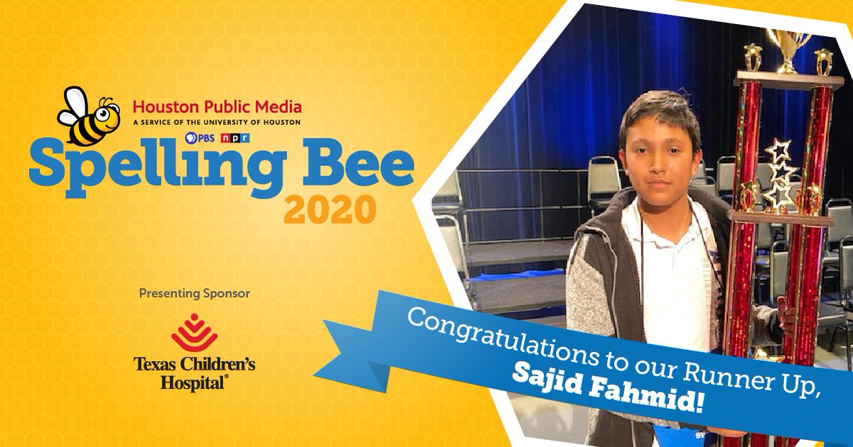 HoustonPubMedia's tweet photo. 🏆🎉👏Congratulations to the 2020 #HPMSpellingBee Runner-up Sajid Fahmid, speller #27 from Leaman Junior High in @LamarCISD.

Sajid will move on with #HPMSpellingBee Champion Keerthana to compete at @ScrippsBee. #spellebrities https://t.co/CrJHhIyPQ8
