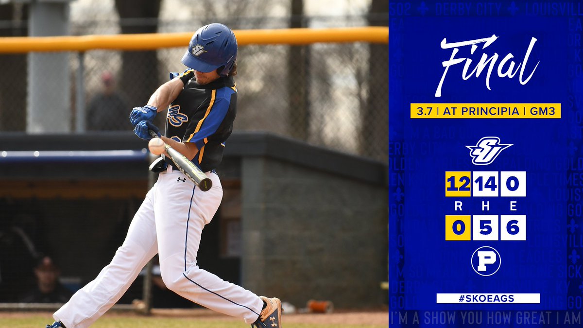 The Golden Eagle Nine win eighth straight game blanking Principia, 12-0, to sweep the weekend series. #skoeags 🦅

SU STATS⤵️
🔵 Garrett Wilson: 2-for-2, HR
🔵 Mitchell Langley: 2-for-4, 3 RBI
🔵 Carson Crump: 2-for-4, 3 RBI
🔵 Garrett Mathews: W, 5H, 0R, 8K, 5.0 IP