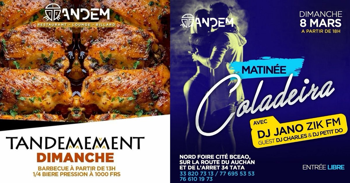 Il paraît qu'on est dimanche. Et dimanche c'est relax. Grillades à 3 500 frs à partir de 13h. Matinée Coladeira avec Dj Jano Diouf, Dj Charles Emmanuel et Dj Petit Do à partir de 18h 🎧🎙🎼 #Tandem #Kebetu #Dakar #KaayÑuDemTandem