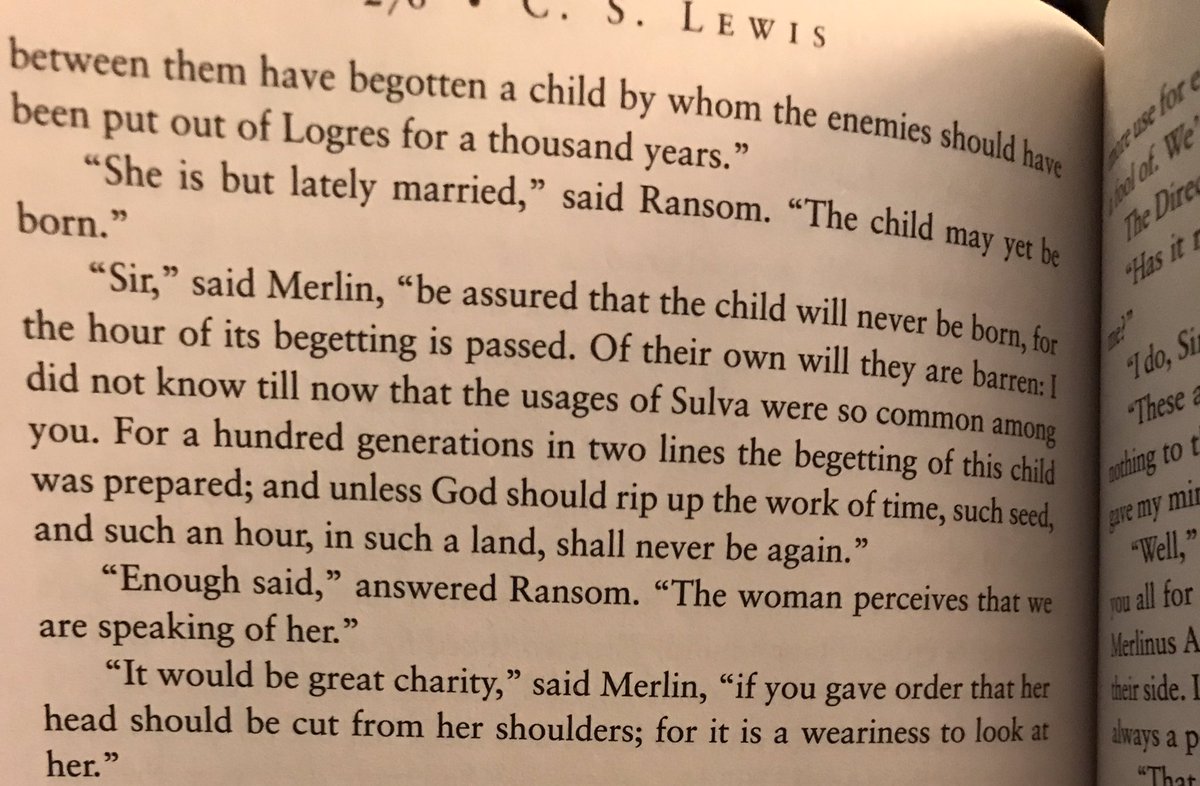 KatinOxford's tweet photo. Bah. There’s a huge part of me here that wants to yell “HOW ABOUT YOU MIND YOUR BUSINESS, MERLIN.” We also kind of see Lewis’ disapproval towards birth control—that “I did not know till now that the usages of Sulva were so common among you” line. #CSLewisBookClub https://t.co/wupKjtvKYj
