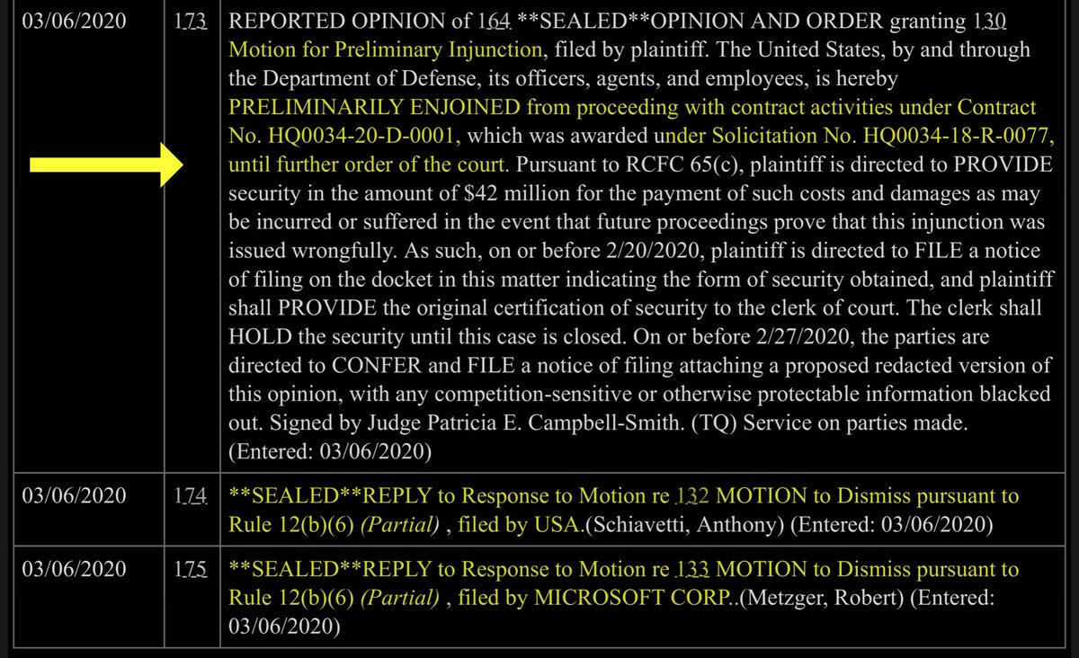 DOD and Microsoft filed a MTD;-filings are sealed- one thing you can glean by the docket entry of the defendant(s)”Dismiss pursuant to Rule 12(b)(6)” allows district courts to dismiss before the record (in this case it’s the AR as heavily argued by AWS) is fully developedTBD