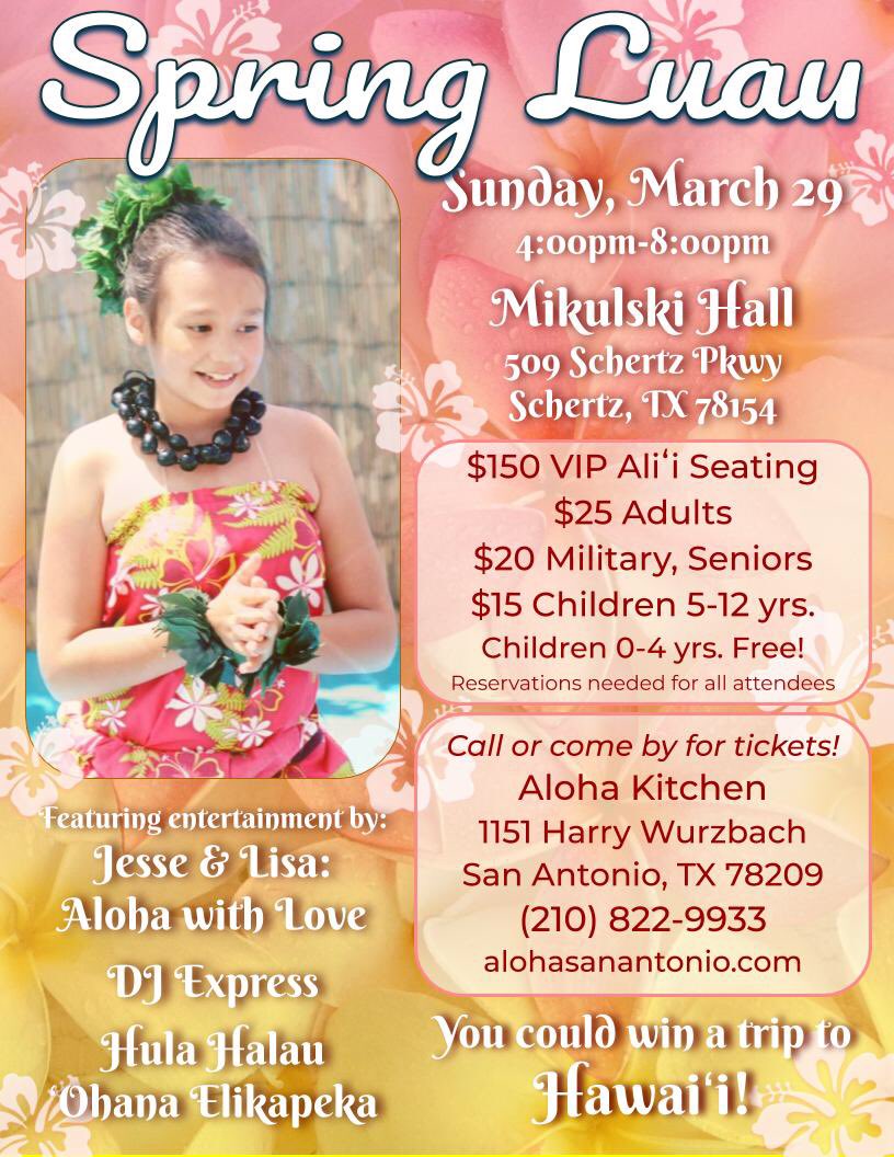 This month! Make your reservations now!

#Hula #Hawaiian #HawaiianMusic #Tahitian #OriTahiti #SivaAfi #Samoan #FireDance #Maori #Polynesian #Luau #Celebration #Spring #SpringTime #SanAntonio #Texas #Family #Ohana