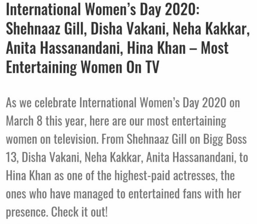 DeolGur01's tweet photo. Proud Moment For #ShehnaazGill Fans ♥️!!

On this #InternationalWomenDay2020 Our Queen’s Name amongst Most Entertaining Women ♥️!!

May Waheguru ji bless her with all the Happiness &amp; Success 🙏

#InternationalWomensDay #Shehnaazians @Shehnazgill123 https://t.co/vPFPcdpTTG