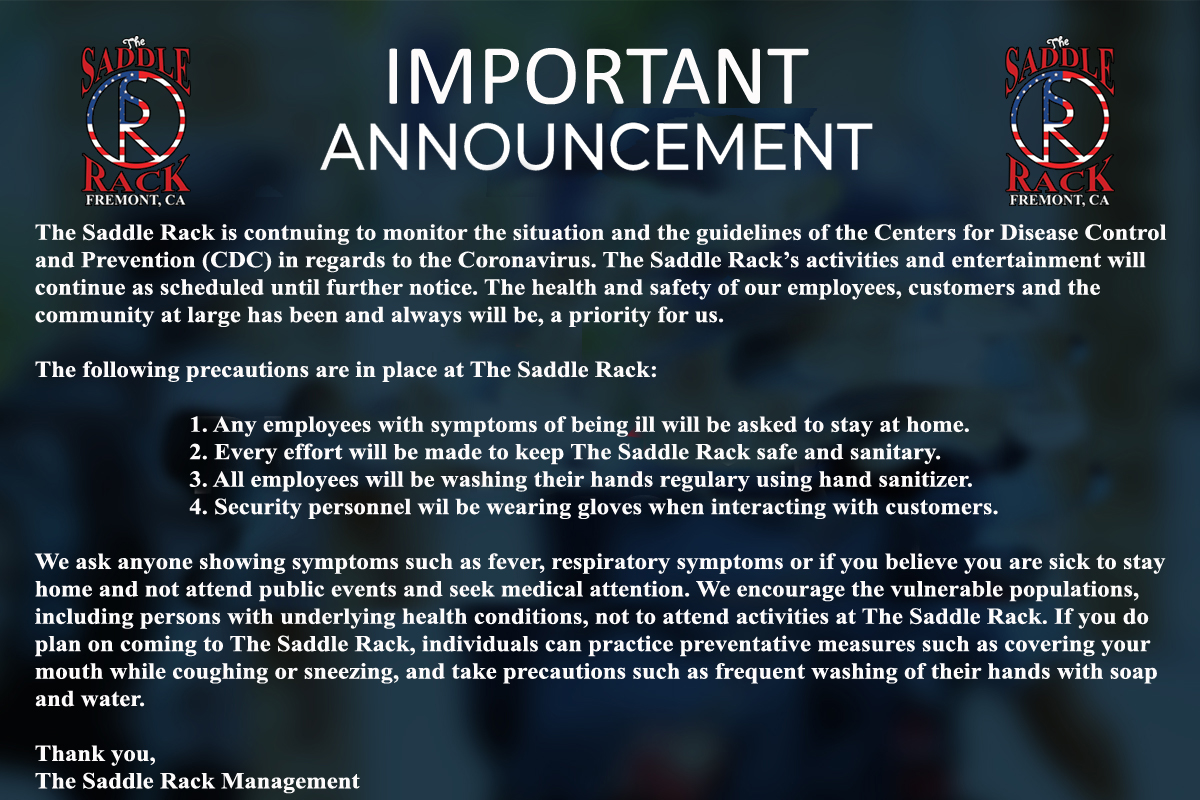 TheSaddleRack's tweet photo. Important announcement from The Saddle Rack regarding the Coronavirus. https://t.co/fDjYZm55ag