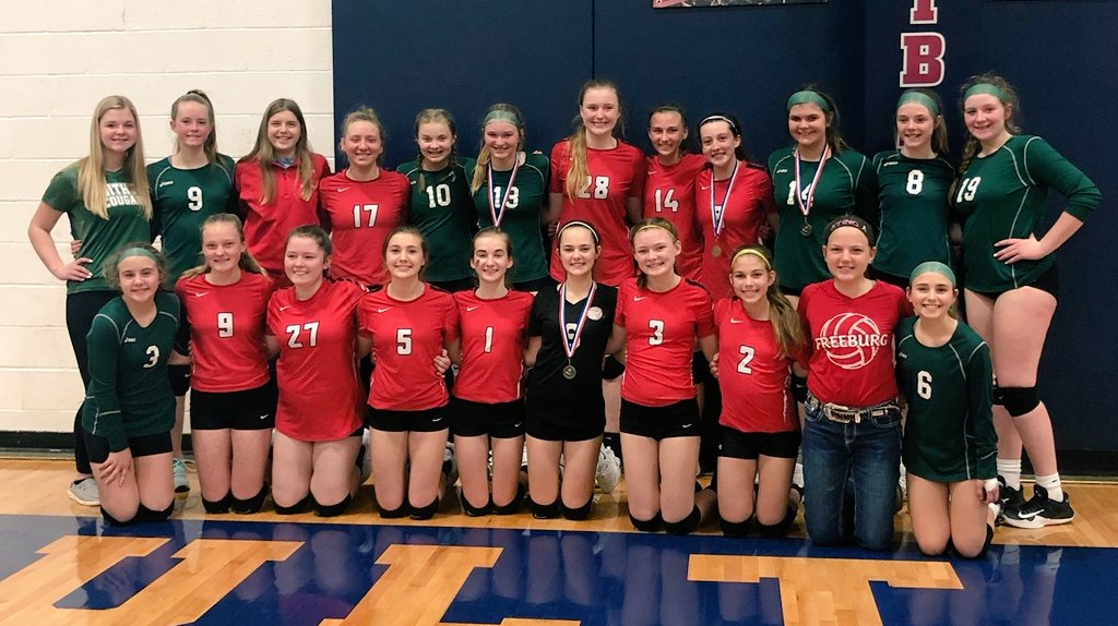 FburgVball's tweet photo. They played the championship match tonight as rivals, but in just a short few months they will take the court as TEAMMATES. Absolutely love this picture. Great work to all of you, & I can't wait to see what the future holds for this crew! #futuremidgets https://t.co/0f3anDZsU1
