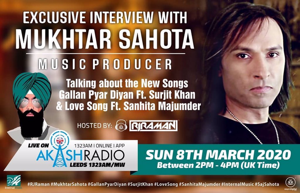 mukhtarsahota's tweet photo. Catch me with @RJRamanUK1 on Akash Radio Leeds TODAY 2.30pm talking about my latest songs LOVE SONG with @sanhitaOfficial & GALLAN PYAR DIYAN with #SurjitKhan @Internalmusicuk #MukhtarSahota #LoveSong #GallanPyarDiyan #hindipop #Punjabi #bhangra #fusion #romantic #latestsongs2020 https://t.co/FpPkveSbpr