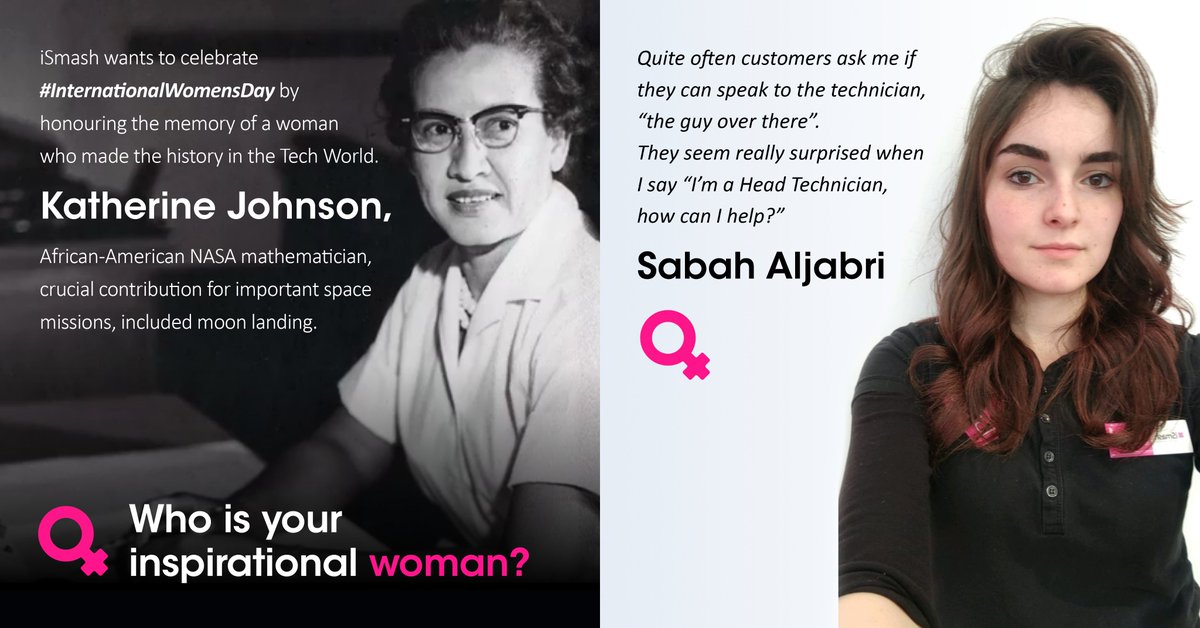 iSmashUK's tweet photo. An equal world is an enabled world! Katherine was a trailblazer for women in technology &amp; paved the way for others. Sabah is our very own trailblazer, our 1st Head Tech &amp; paving the way for future female Head Techs &amp; a role model for women in tech - #IWD2020 #iSmash https://t.co/Coau8KcEDl