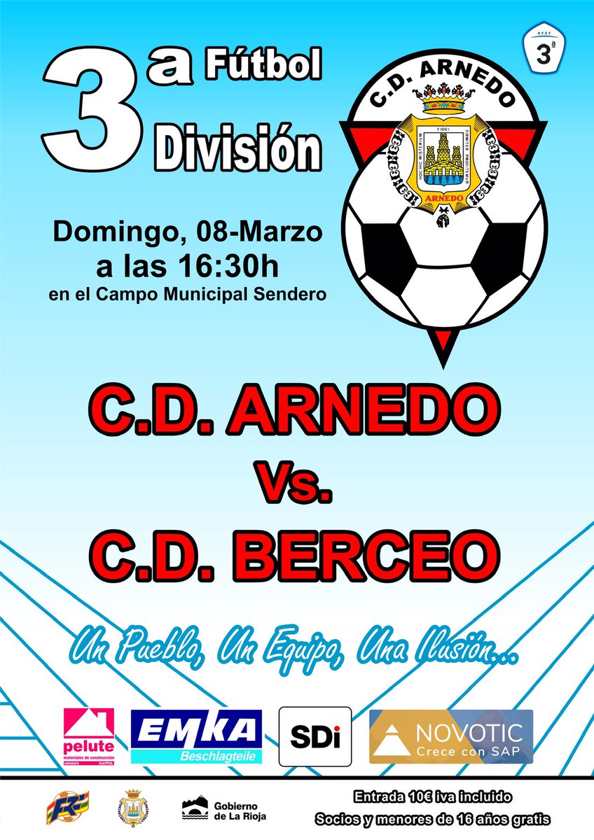 DÍA DE PARTIDO 📣 !

<a href="/CDArnedo/">CD Arnedo</a> 🆚 <a href="/CDBerceo/">Club Deportivo Berceo</a> 

📅  08/03/2020
🕕  16:30h
🏟  Municipal Sendero 

Hoy tenemos un partido muy importante para seguir soñando. 

#Los1000deSendero #VamosArnedo #SueñaQuePuedes #70AñosContigo #UnPuebloUnEquipoUnaIlusion <a href="/aytoarnedo/">Ayuntamiento Arnedo</a> <a href="/LCubata/">La banda del cubata</a>