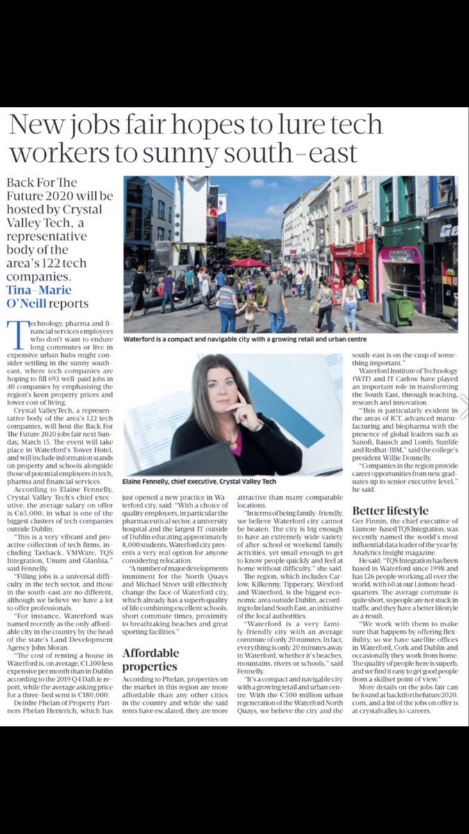 CrystalValleySE's tweet photo. Great coverage in the papers today about the Southeast and our jobs fair. Let’s keep reminding everyone on this island that the Southeast is the BIGGEST ECONOMIC AREA outside Dublin circa 600k people with Waterford at the centre. https://t.co/9imupgy6FN