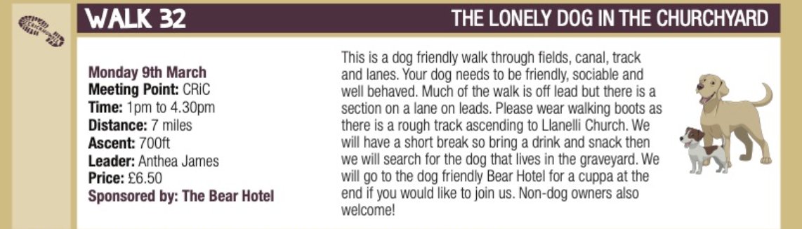 We are sponsoring dog-friendly Walk 32 in the Crickhowell Walking Festival this Monday.  Please pop in for a drink or a meal when you finish, and bring your dog too!
#walkingfestival #crickhowell #dogfriendly