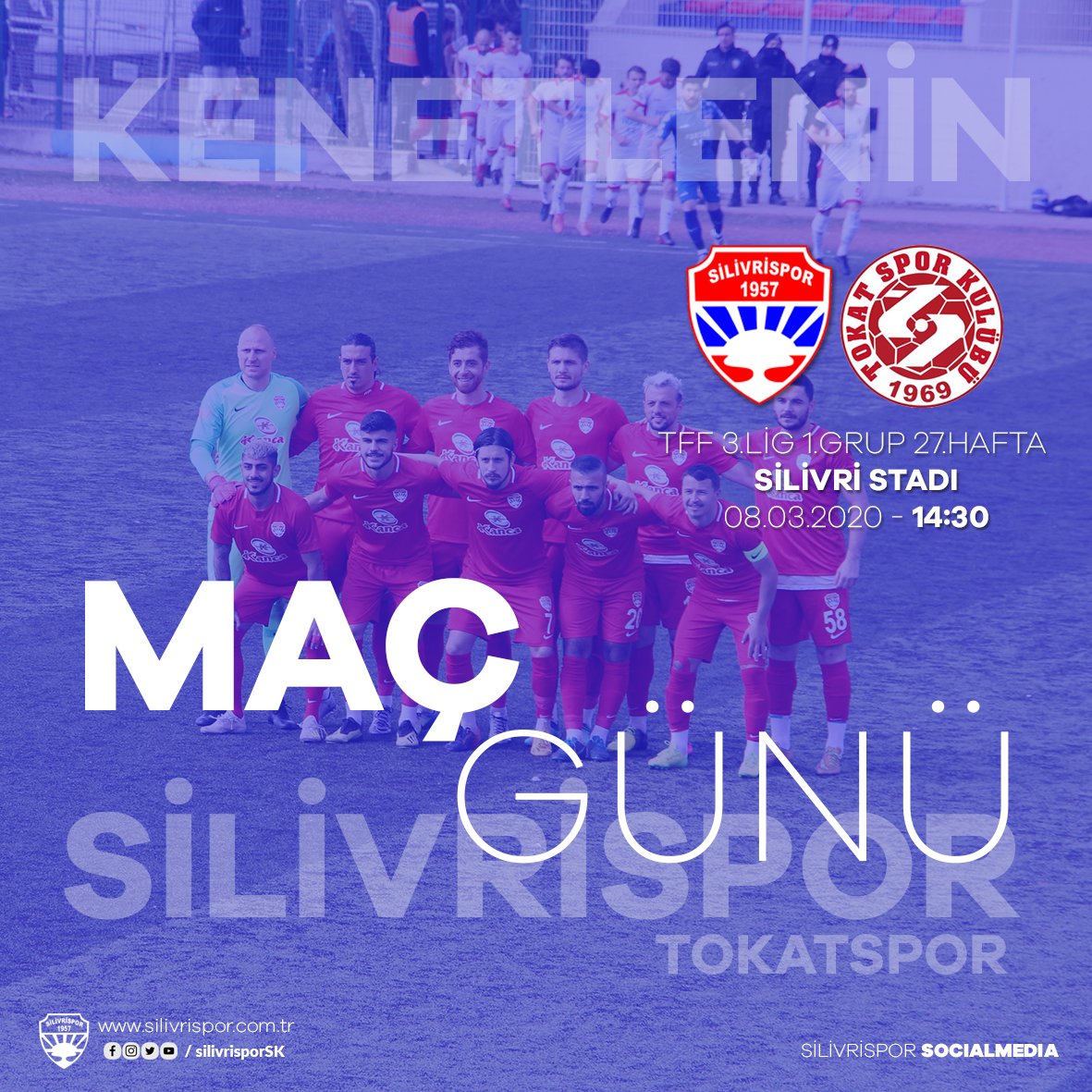 BUGÜN SİLİVRİSPOR'UN MAÇI VAR !
Haydi Silivri.. Bizi yalnız bırakma !
#KenetleninBaşkaSilivrisporYok #8MartDünyaEmekçiKadınlarGünü

⚽ TFF 3.LİG 1.GRUP MAÇI 27.HAFTA
🆚 Tokatspor
📆 08.03.2020
⏰ 14.30
🏟 Silivri Stadı
📲 #SLVRVTKT
#Silivrispor #MatchDay #SilivrisporSocialMedia