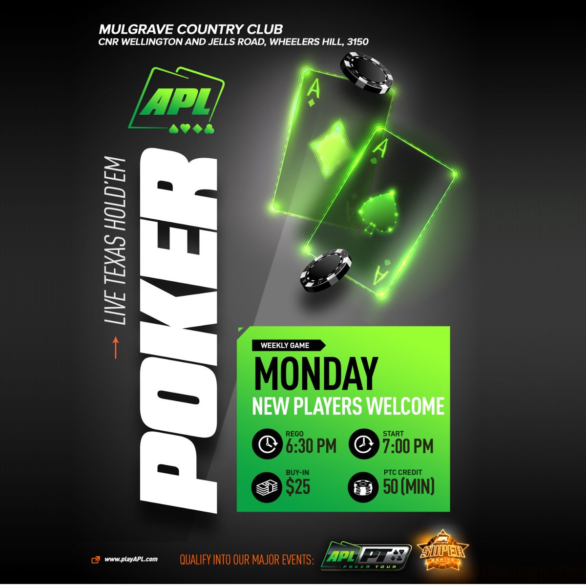 #MondayNight #poker at #MulgraveCC. #WIN $500,000 in cash
and prizes in Victoria. 6.30pm registration for a 7.00pm start. $25 entry.