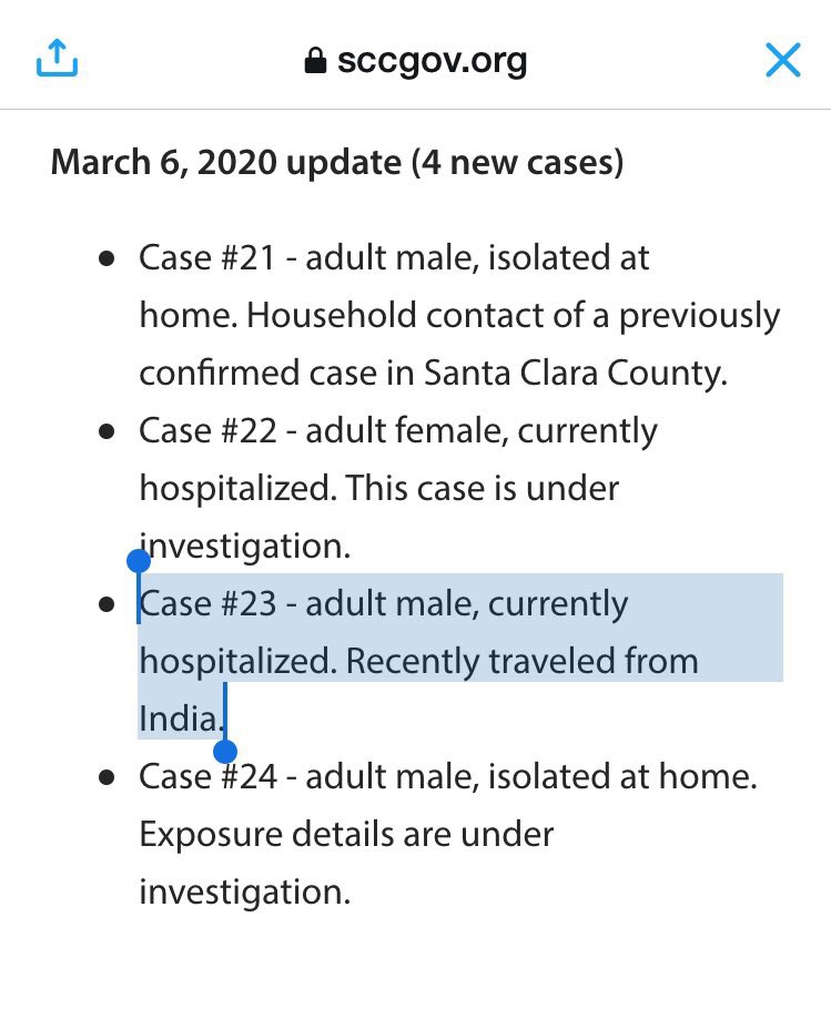 Hearing reports about possible export cases from  #India to  #USA.  https://www.sccgov.org/sites/phd/DiseaseInformation/novel-coronavirus/Pages/known-cases-of-coronavirus.aspx #COVID19  #COVID19USA  #COVID19INDIA