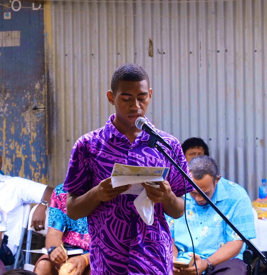 FijiRIS's tweet photo. ‘I don’t want to be a statistic. I want to be a doctor to help my family and #community live a better life’.  Livai Saravi, #youth representative from Vunato, talks about the importance of #education during the @UN_PGA visit to the settlement. @adaptationfund @FijiRIS @UNHABITAT https://t.co/V8B6v0pOh8