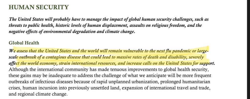 Trump says the coronavirus came “out of nowhere.” But last year, the DNI WARNED that we were vulnerable to a pandemic “that could lead to massive rates of death and disability, severely affect the world economy, strain international resources...”   https://www.dni.gov/files/ODNI/documents/2019-ATA-SFR---SSCI.pdf