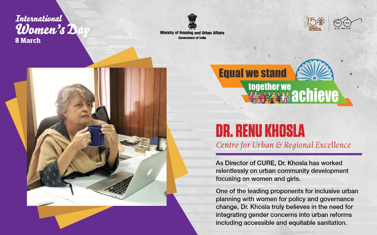SwachhBharatGov's tweet photo. As the Director of "CURE", Dr Renu Khosla has worked relentlessly for urban development for women &amp; girls, thus becoming an inspiration for many.

#MyCleanIndia  #IWD2020 #SheInspiresUs #EachforEqual #InternationalWomensDay https://t.co/Nc4fXcxP4p