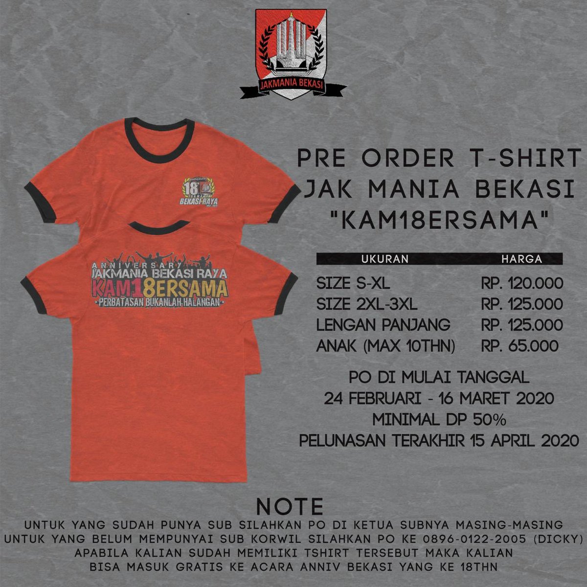jakmania_bks's tweet image. Tshirt utk Anniversary Jakmania bekasi yg ke 18 Thn yg bertema ' KAM18ERSAMA ' sudah bisa di PO nih . Baca ketentuan" yg ada di gambar berikut ya , remember " NO TSHIRT NO PARTY " 🍻🍻🍻
•••
#jakmania #jakmaniabekasi #korwilbekasi #jop38