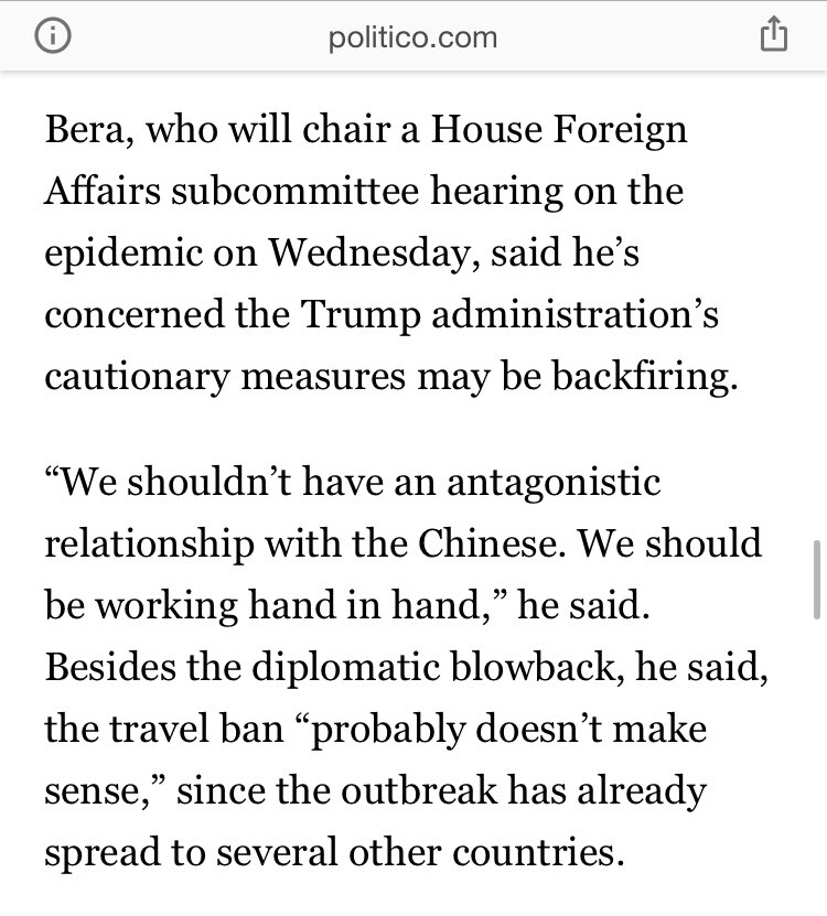 The 2/4/20 Politico article by  @AliceOllstein quoted Dem  @RepBera fully opposing the late Jan/early Feb steps of the Trump Admim! This is paragraph 13 and 14 of the article -- ALL of which were anti the Trump Admin's moves to contain the virus 5 weeks ago.