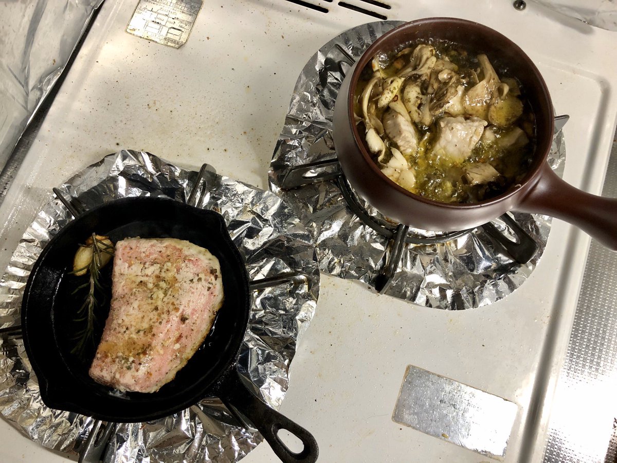 紺野アスタ Pixivfanboxやってます モウカザメのムニエルとモウカザメのアヒージョ モウカザメはネズミザメの事らしい 淡白な味らしいからハーブソルトまぶして焼いたら美味しかった コンロ周り汚れてる いつも掃除してるけどすぐ油が跳ねるねん