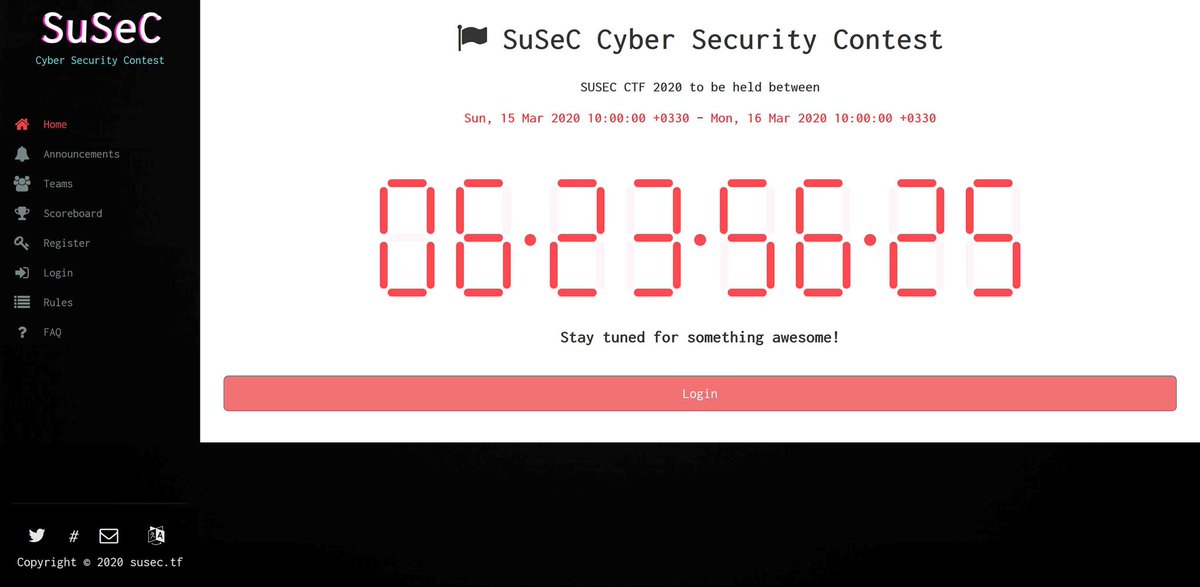 Hi all, #SuSeC #CTF starts in 7 days from now, we have prepared lots of fun tasks for you. Don’t hesitate!

Register at susec.tf