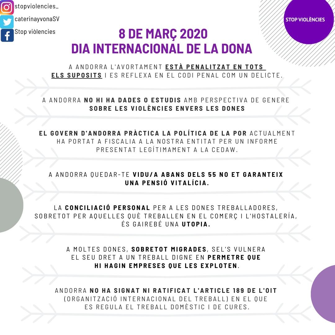 stopviolencies_'s tweet photo. 8M Andorra! Encara en lluita per tota aquesta manca de drets!
Avui a les 17h, ens veiem a la plaça coprinceps!
@FeministesAnd @castellersAND @JPlanellas @DonesAndorra @MemeAndorra @andorraopina @andorratoday https://t.co/l6gDWnKZAO