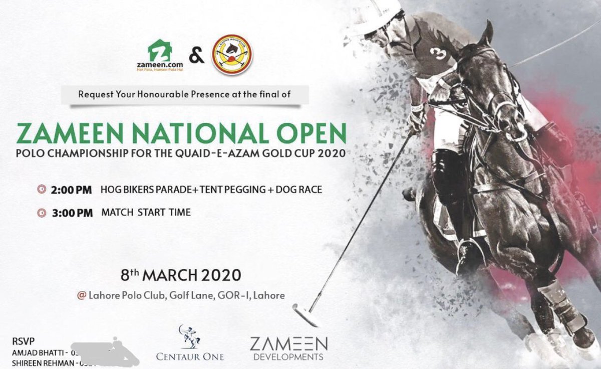farihar's tweet photo. Thank you for the invite! Best of luck to the players! Should be an exciting match! #zameennationalopen2020 #centaurone #polo #polofinal @ZameenProperty @CentaurMktg https://t.co/qbx3oAi97X