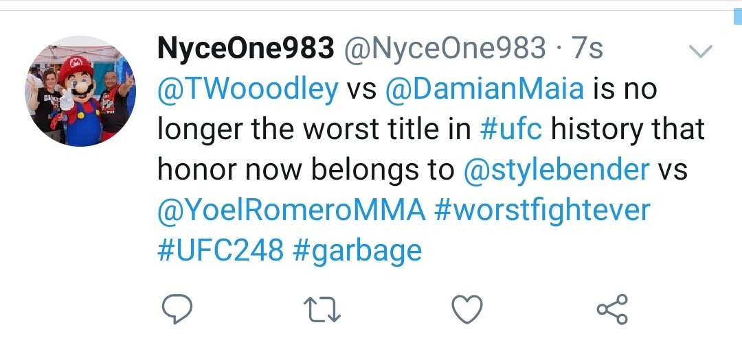 NyceOne983's tweet photo. @arielhelwani @TWooodley vs @DamianMaia is no longer the worst title in #ufc history that honor now belongs to @stylebender vs @YoelRomeroMMA #worstfightever #UFC248 #garbage https://t.co/xlyVQTiCyZ