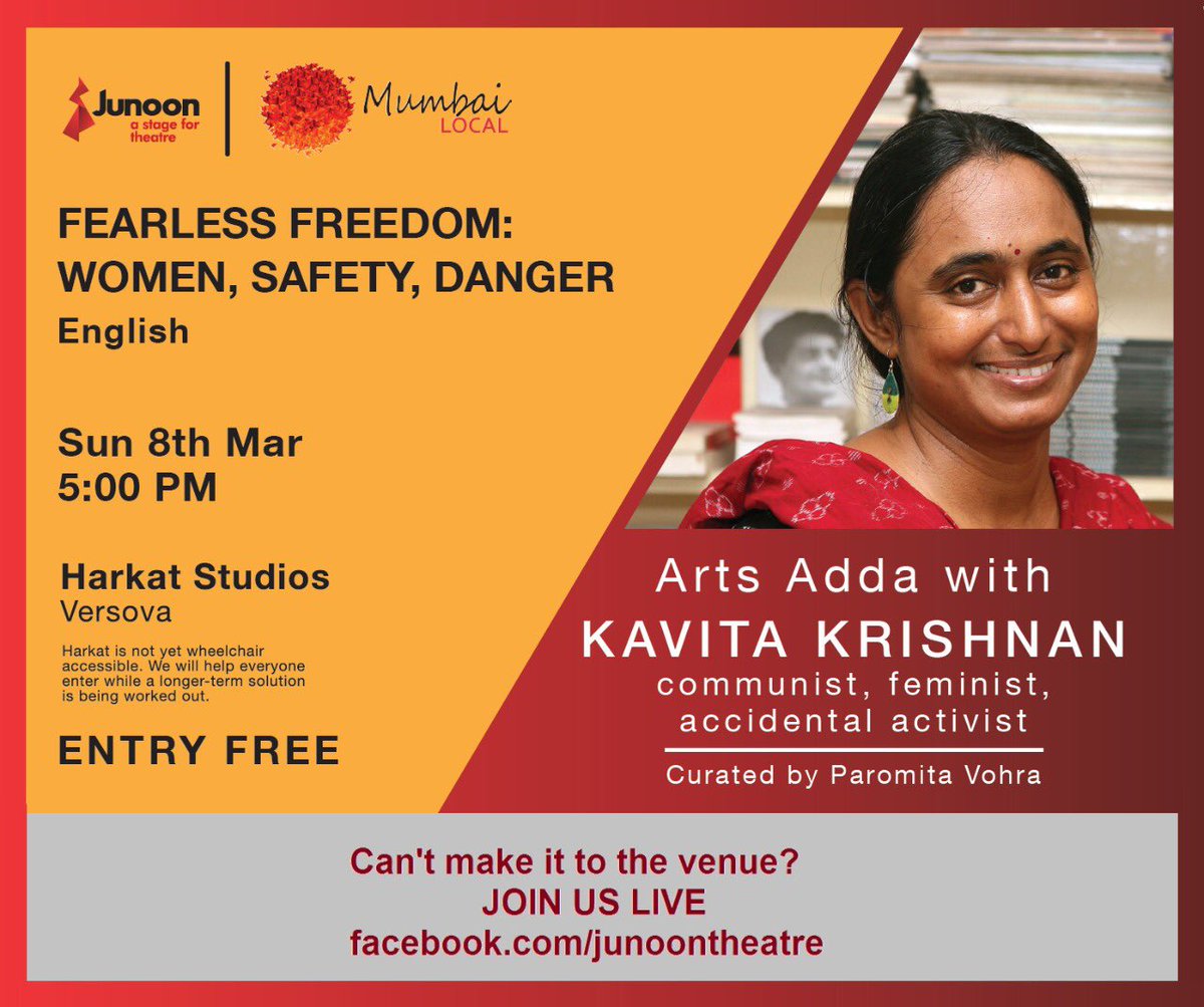 Unable to make it to <a href="/HarkatStudios/">Harkat Studios</a> for a #MumbaiLocal with <a href="/kavita_krishnan/">Kavita Krishnan</a> ? No worries - you can catch herlive on our Facebook page at 5:00 pm (or just a bit after