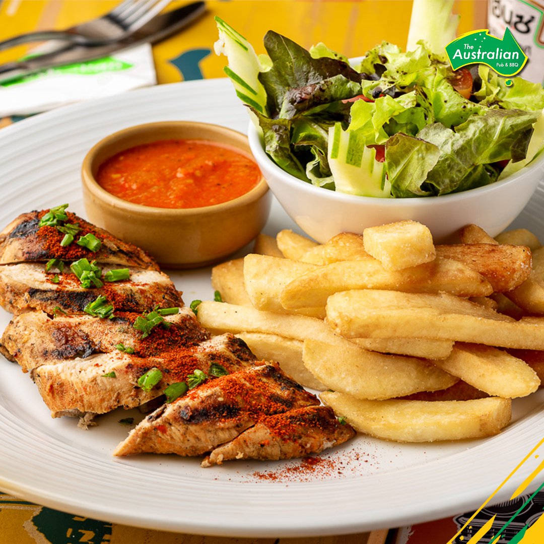 The Aussie features all your favourites from Down Under, plus extensive Thai options for local flavours. Today's Special: Piri Piri Chicken served with french fries &amp; salad 🐓