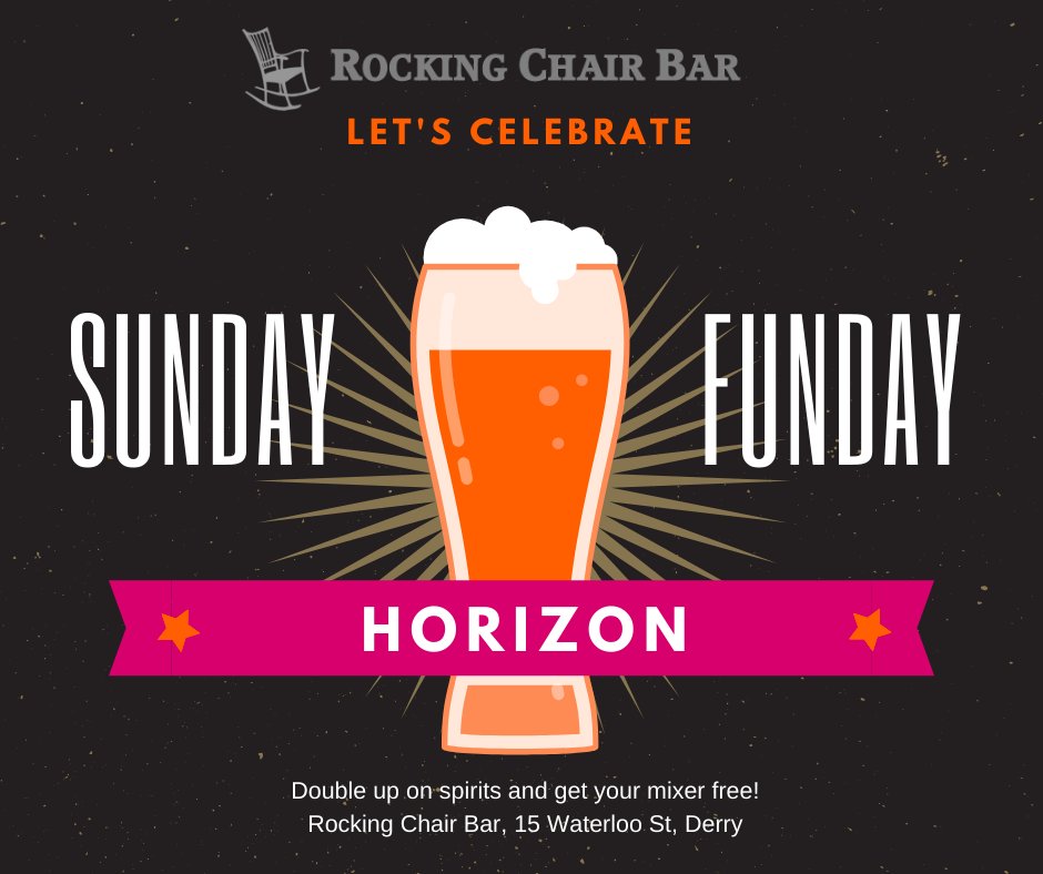 rockerderry's tweet photo. Sunday Funday with HORIZON live in The Rocking Chair Lounge. Music from 10:30pm 8th March. SINGALONG in the Bar from 6:30pm. Double up on spirits and get your mixer free! #livemusic #derry #sunday Also Man Utd vs Man City live on big screen at 4:00pm https://t.co/s5VqvPOCXF