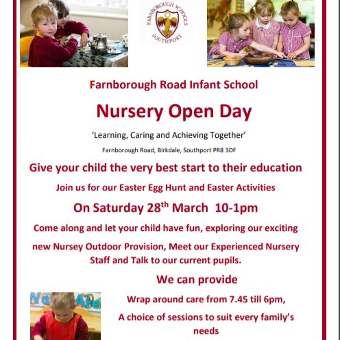 FrisInf's tweet image. Farnborough Road Infant School -Nursery Open Day
Give your child the very best start to their education
Join us for our Easter Egg Hunt and Easter Activities 
On Saturday 28th March  10-1pm