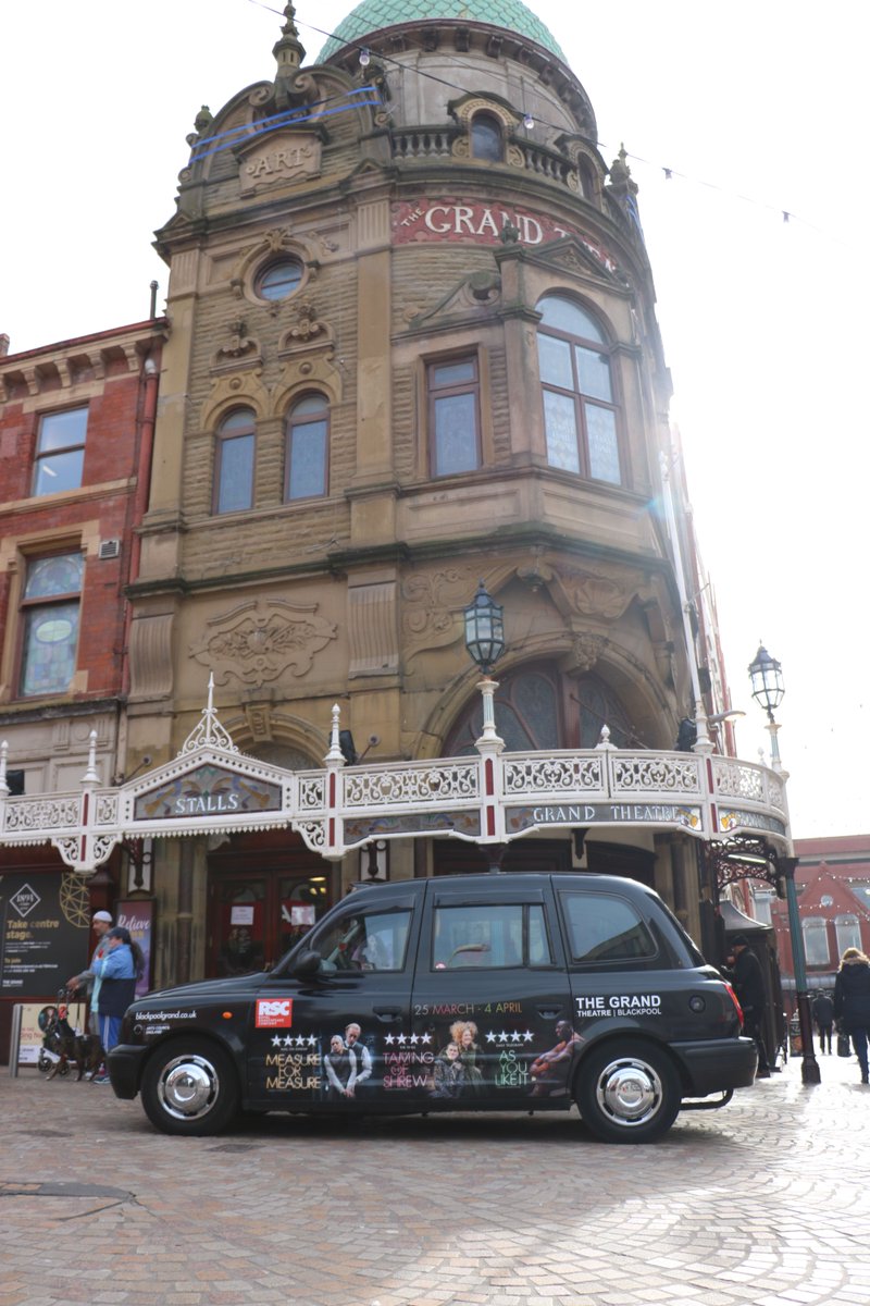 Grand_Theatre's tweet photo. Who’s spotted one of our @TheRSC branded taxis? They’re currently all over #Blackpool as we take over the town ahead of The RSC’s Triple Bill! Keep your eyes peeled for them! Book your tickets today >> https://t.co/PKSeDZCp48 #ShakespeareWeekend #GrandWKND https://t.co/EkLuRkbUbq