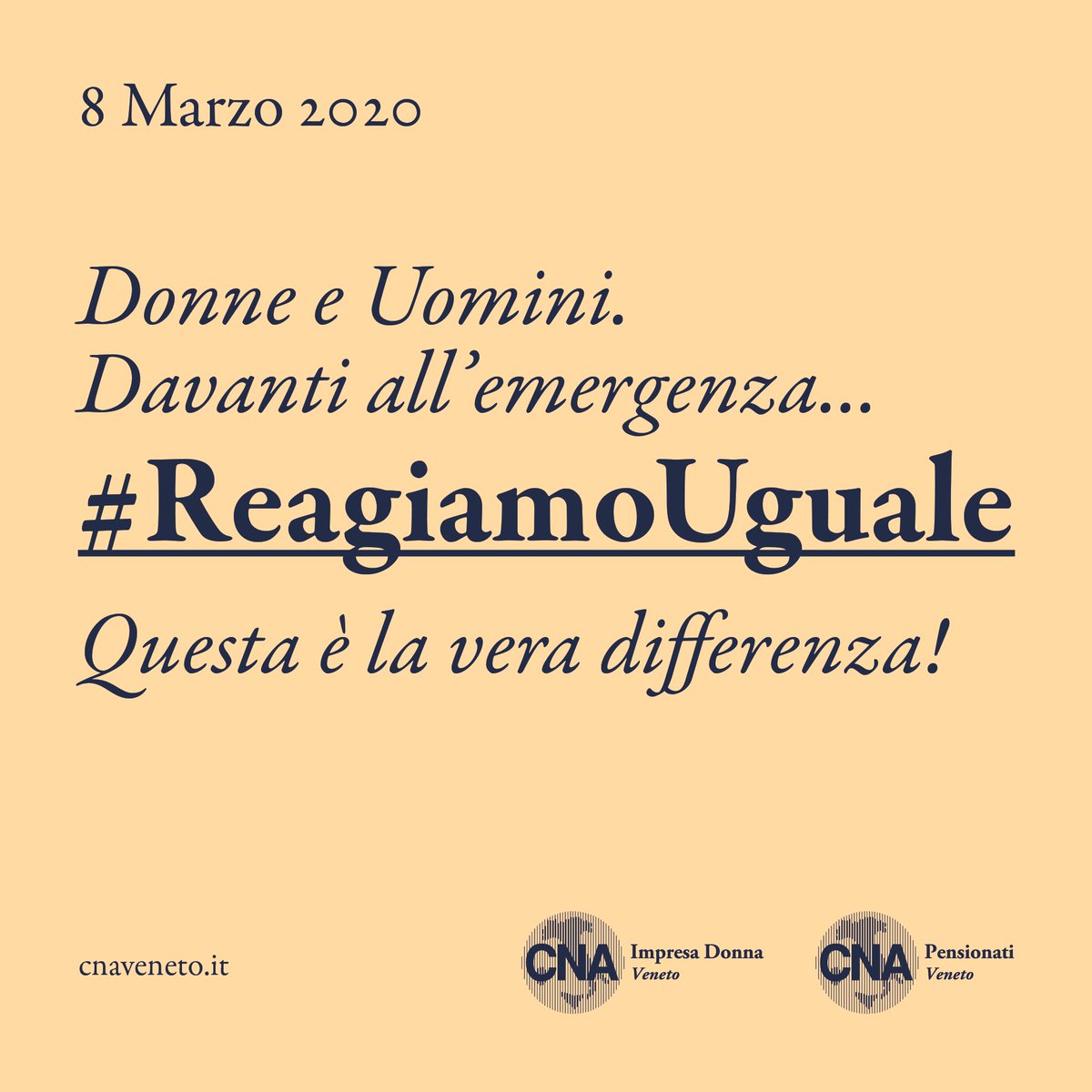 👩‍🦰🧔👵🧓

#ReagiamoUguale non è solo uno slogan ma un messaggio da parte di tutti, uomini e donne, lavoratori e lavoratrici, pensionati e pensionate, che hanno il desiderio di andare avanti.

#CNA #CNAVeneto 
#UgualiSempre #AvantiVeneto #Donna #Donne #IWD2020 #EachforEqual