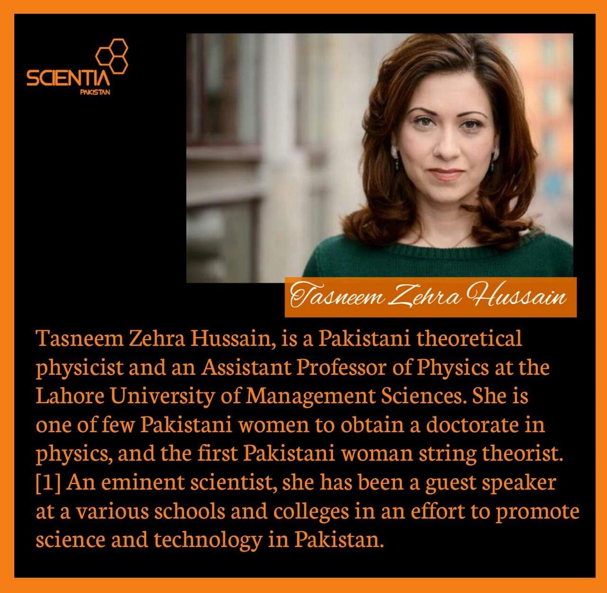 MagScientia's tweet image. Tasneem Zehra Hussain, is a Pakistani theoretical physicist and an Assistant Prof of Physics at the LUMS. She is one of few Pakistani women to obtain a doctorate in #physics2020, &amp;amp; the first Pakistani woman string theorist.
#WomenDay2020 #WomenInSTEM 
#InternationalWomensDay